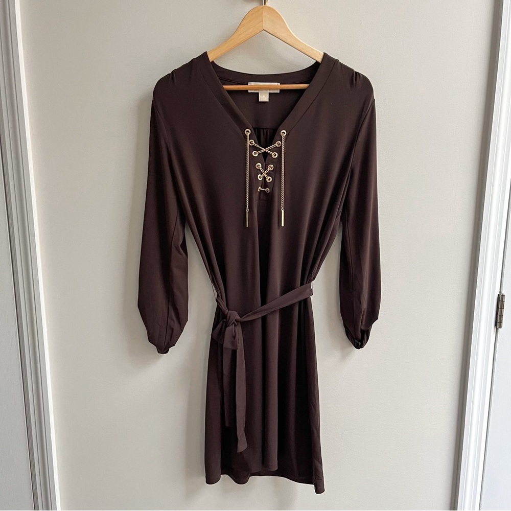 Michael Kors Brown Chain Lace-Up Long Sleeve Belted Mini Shift Dress M